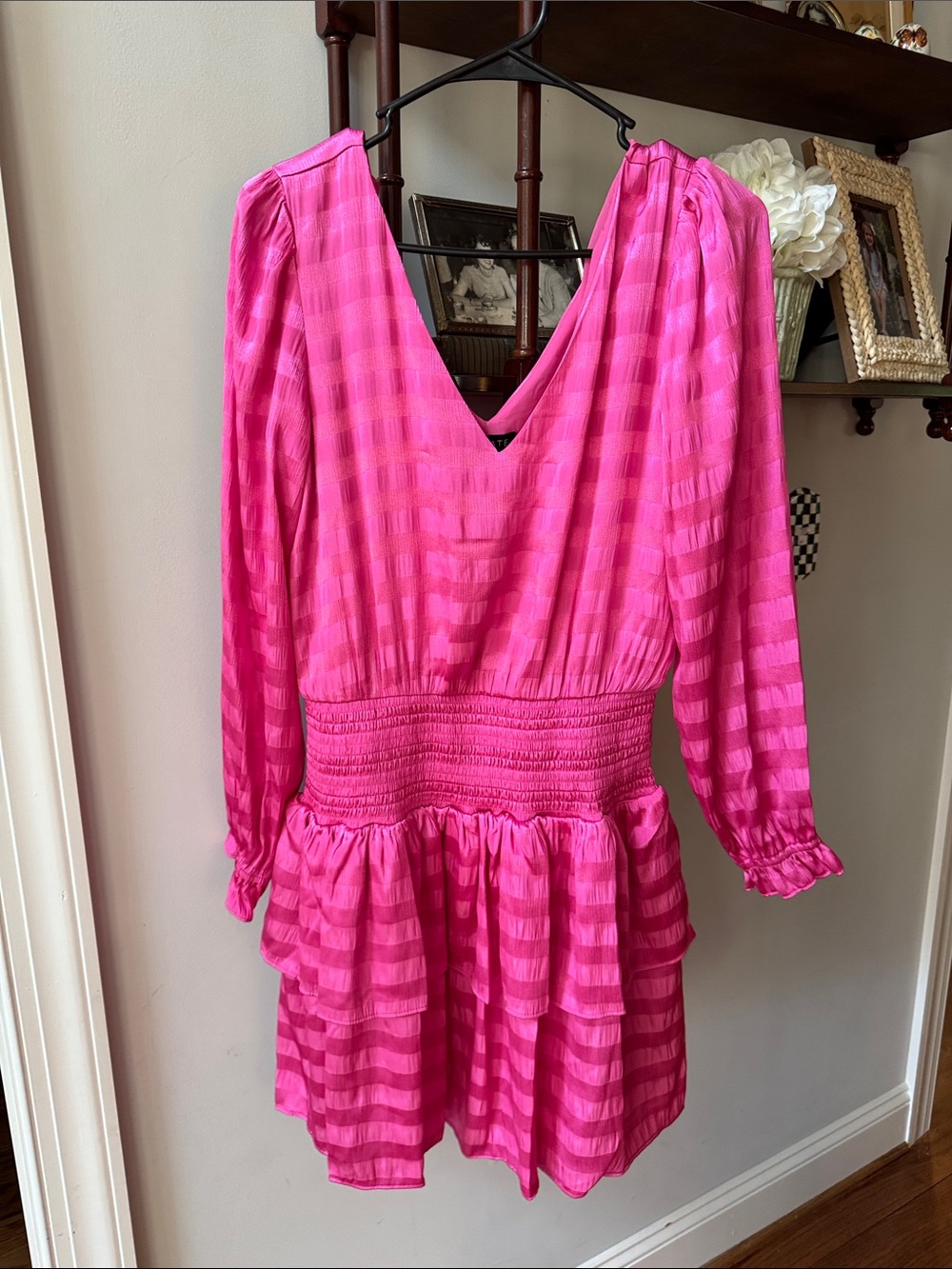 1.STATE Striped Hot Pink V-Neck Mini Dress